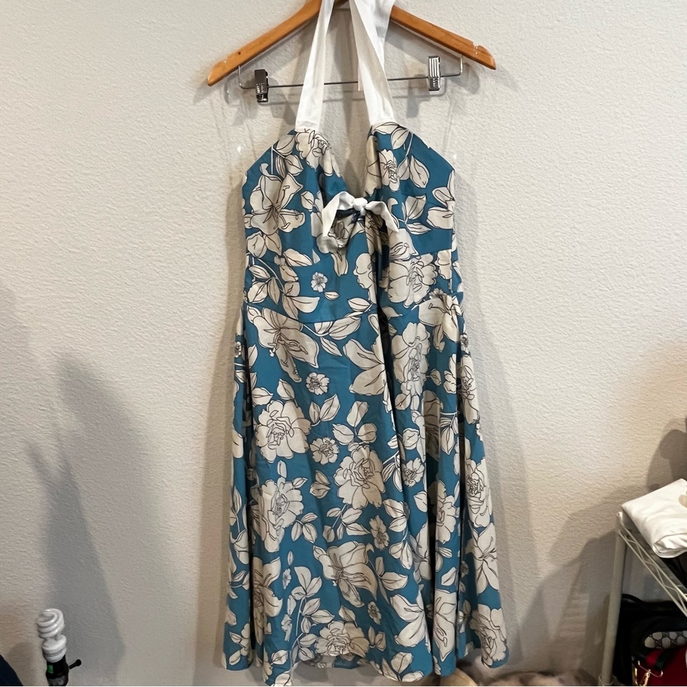Unique Vintage blue & white floral bouquet swing halter dress size 1X/16 pockets - Picture 4 of 13